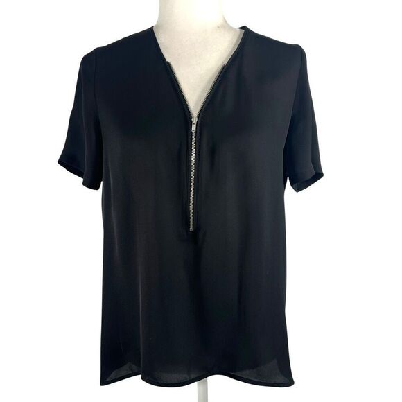 The Kooples Short Sleeve Blouse Size Medium Black Silk Zip Front Too - Picture 2 of 11